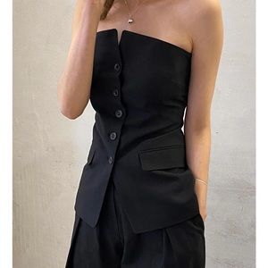 Pixie Market Linen Strapless Black Button Top Size Medium